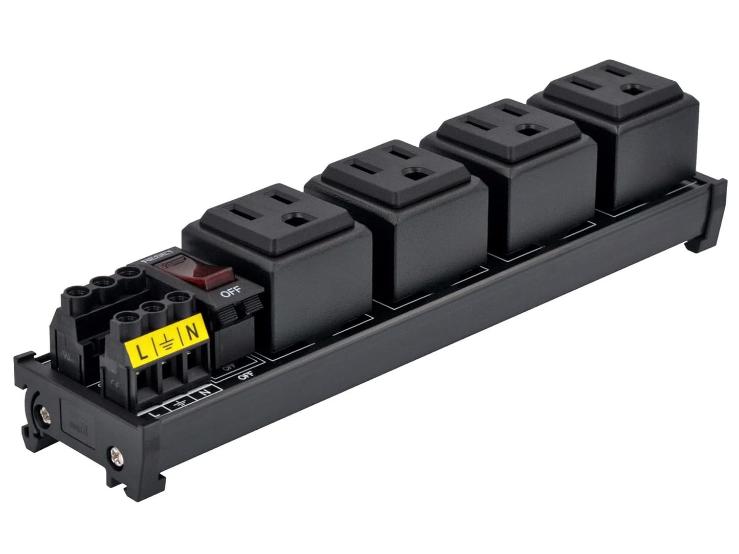 DIN Rail Mount AC 120V NEMA 5-15R 4 Receptacles Outlet Power Strip Module, with Rocker Switch Thermal Circuit Breaker Overload Protector