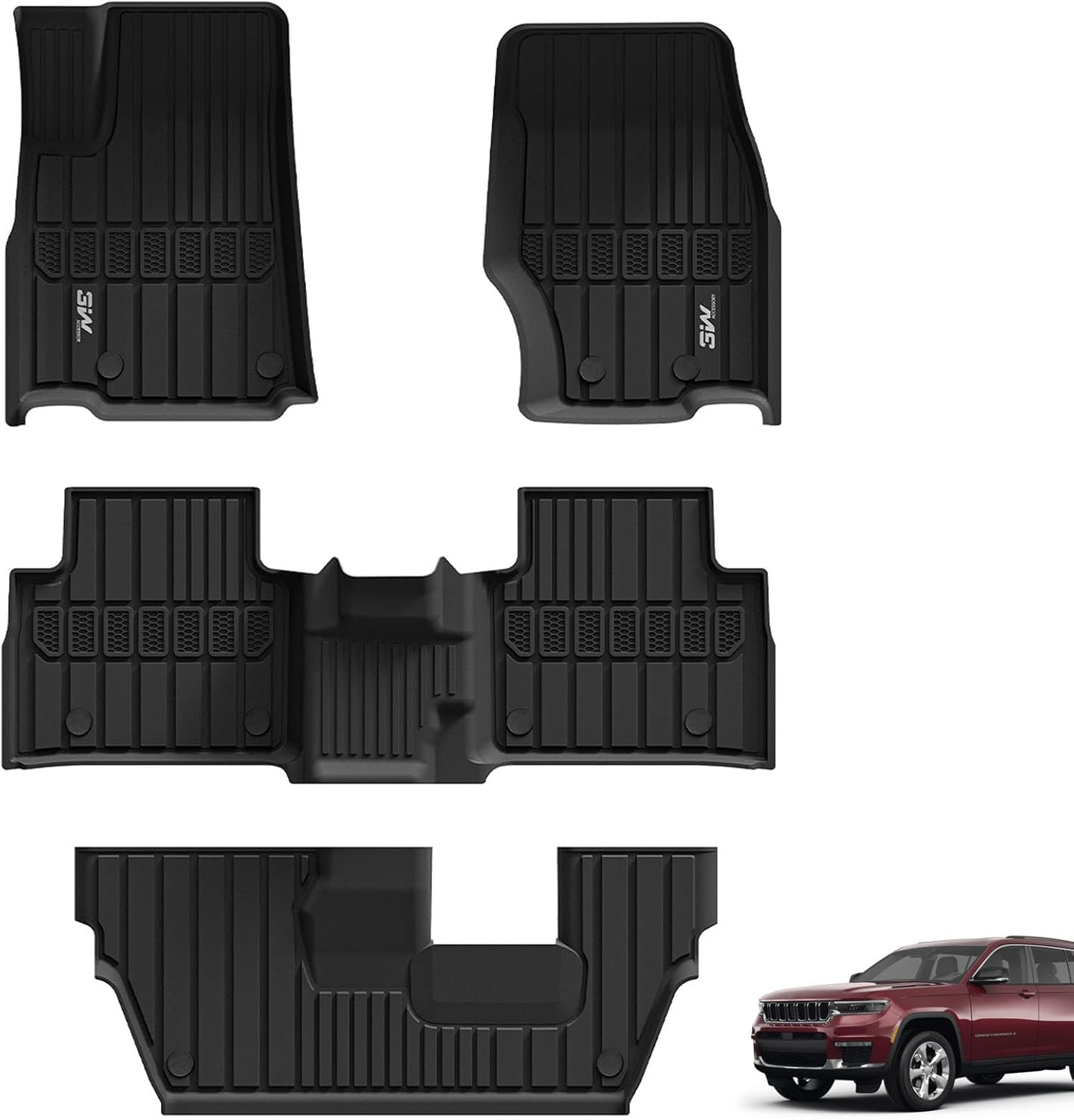 3W Floor Mats Fit for Jeep Grand Cherokee L 7 Seat 2021-2025 All Weather TPE Custom Fit Floor Liner for 1-3 Rows Full Set Car Mats Black(NOT Fit for 6-Passenger)