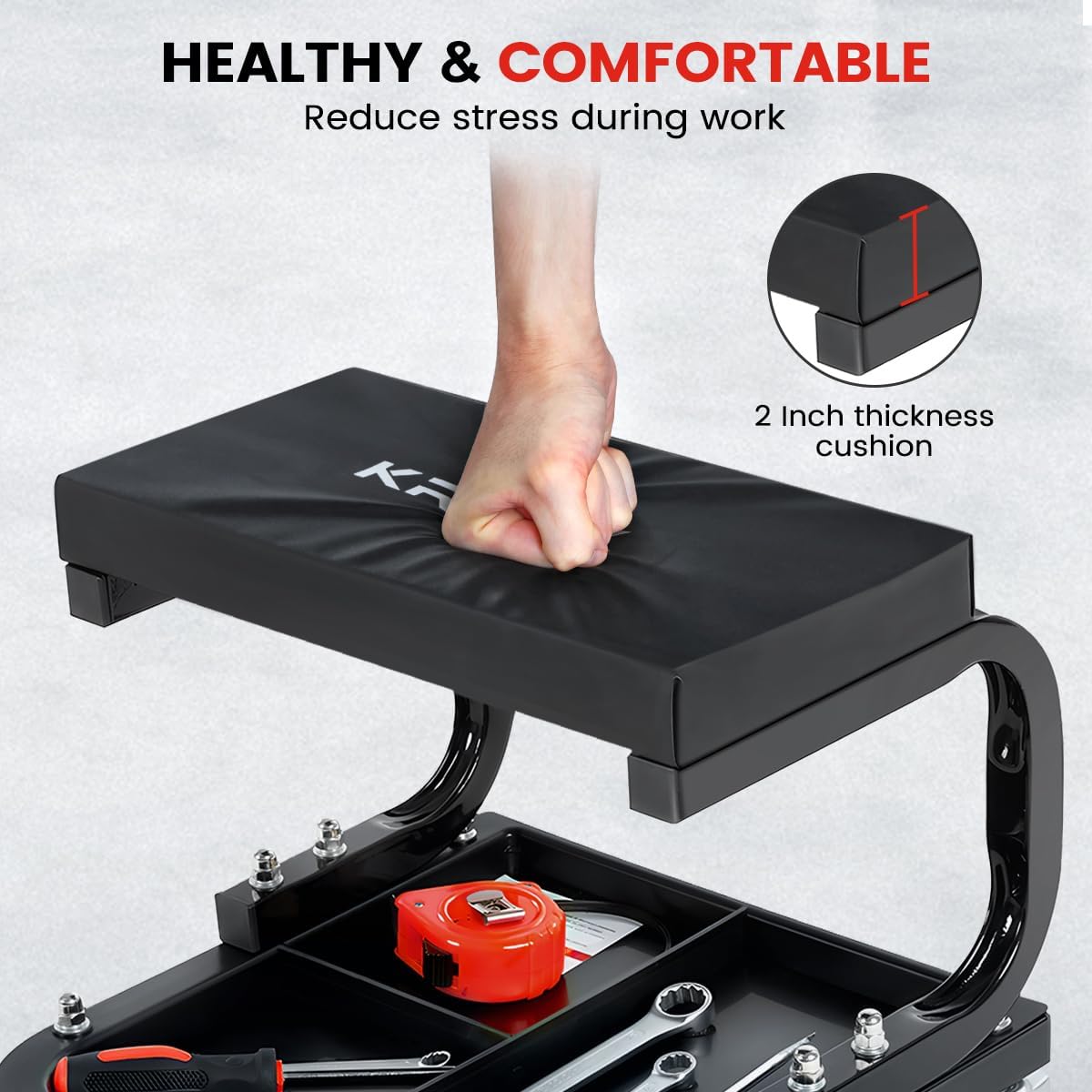 Rolling Creeper Garage/Shop Seat, 260LBS Capacity Padded Workshop Stool with Tool Tray Storage Mechanic Roller Seat for Shop, Garage, Auto Repair