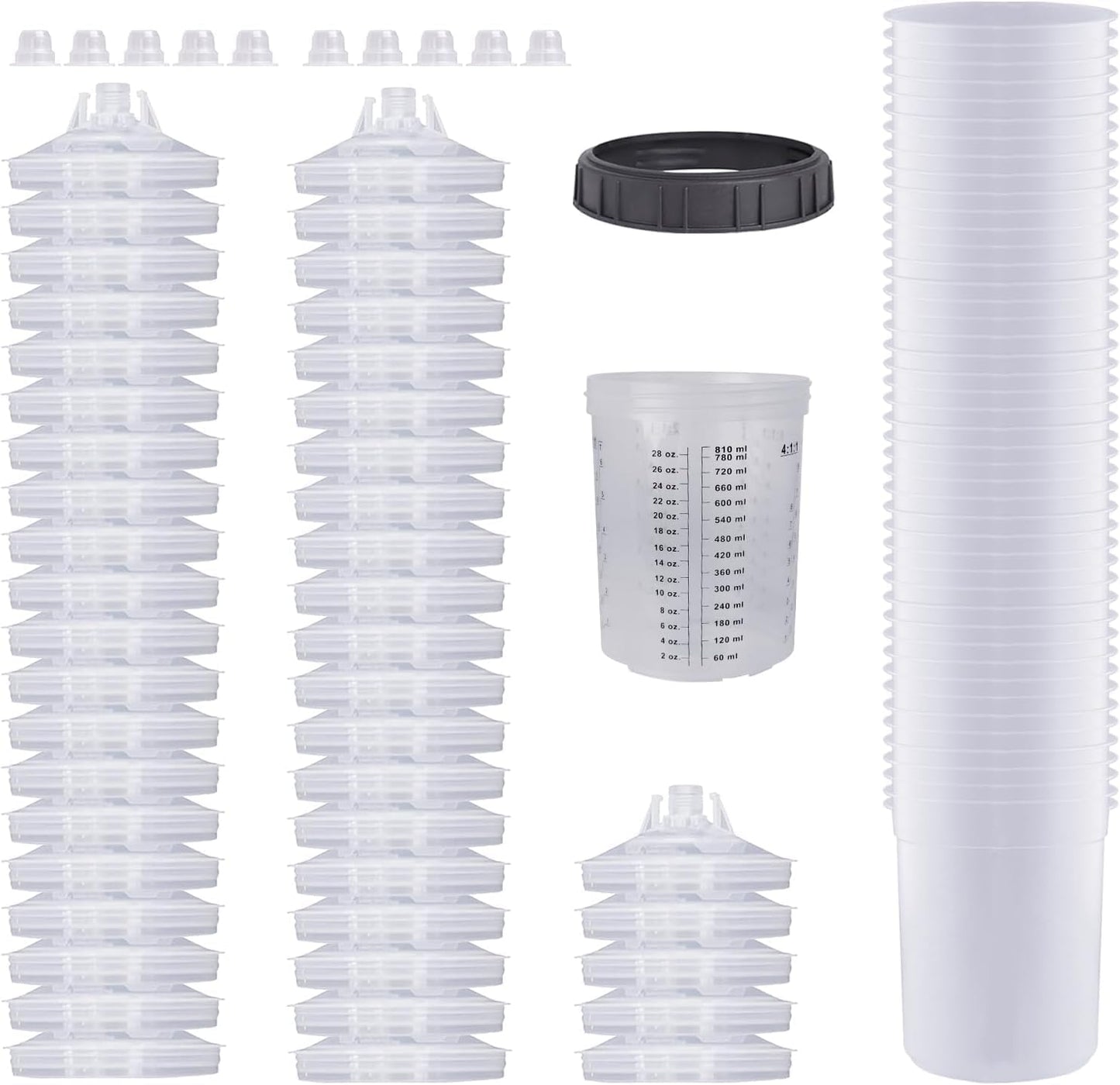 Disposable Paint Cups for Automotive Paint Gun, HVLP Paint Spray Gun 27 Ounce (800ml) Kit with 50 Cups and Lids Systerm, 1 Hard Cup with Retainer Ring and 10 Plugs