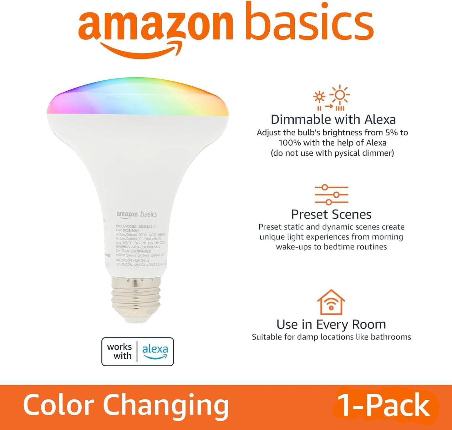 Amazon Basics Smart BR30 LED Light Bulb, Color Changing, 9W (60W Equivalent), 800LM, Works with Alexa Only, 2.4 GHz Wi-Fi, No Hub Required, 1 Pack