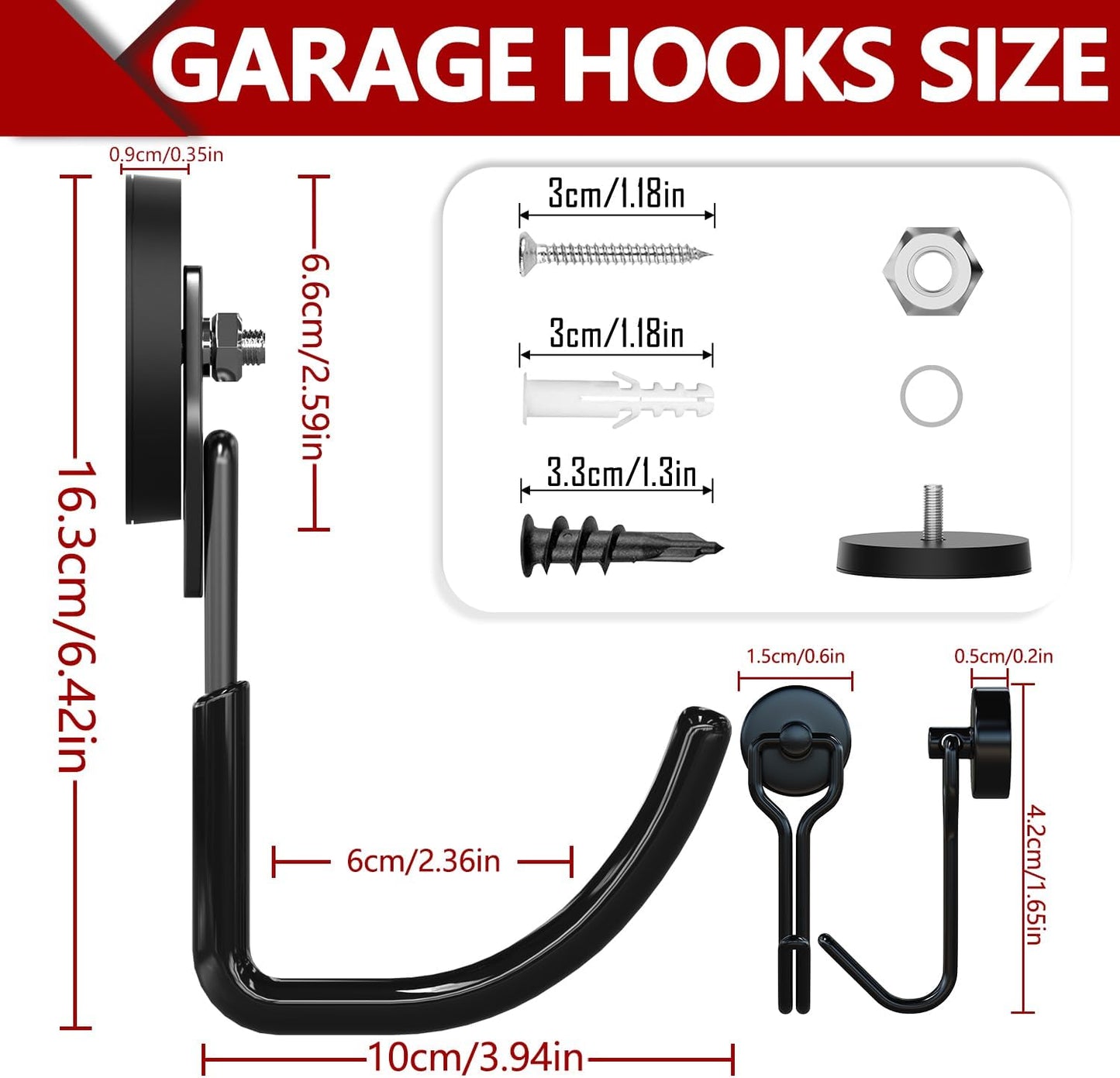 3-H Heavy Duty Magnet Garage Hooks 2 Pack, J Shape Strong Magnetic Hooks for Hanging Cordless Power Drill, Utility Magnetic Tool Holder for Metal Cabinet, Steel Pegboard, Toolbox, Garage(Black)