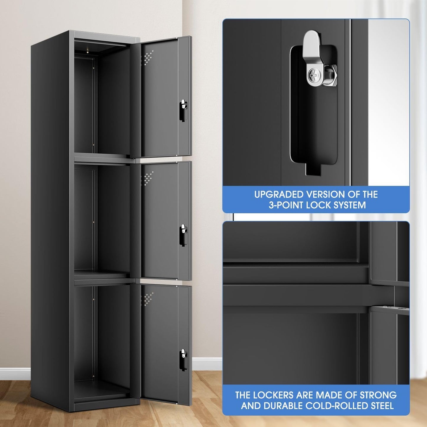 DNA MOTORING Metal Storage Cabinet for Employees with Keys, 71" Employees Metal Locker with 3 Doors, Tall Storage Lockers for Garage,Office,Home,Gym, Black, TOOLS-00789-BK-BK