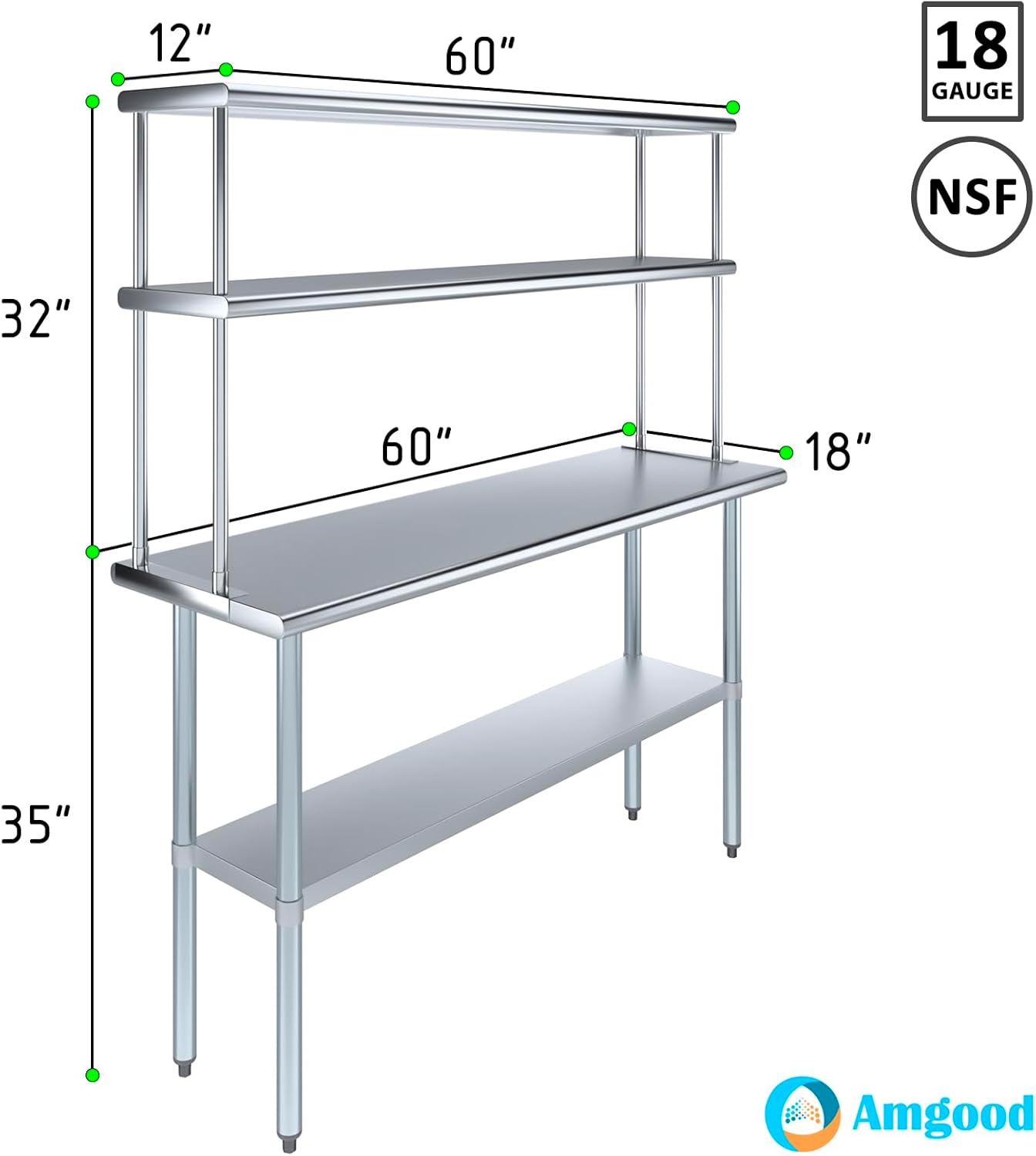 Amgood Stainless Steel Work Table Double Tier Overshelf | Metal Kitchen Prep Table & Shelving Combo (18" x 60" Work Table + 12" Overshelf)