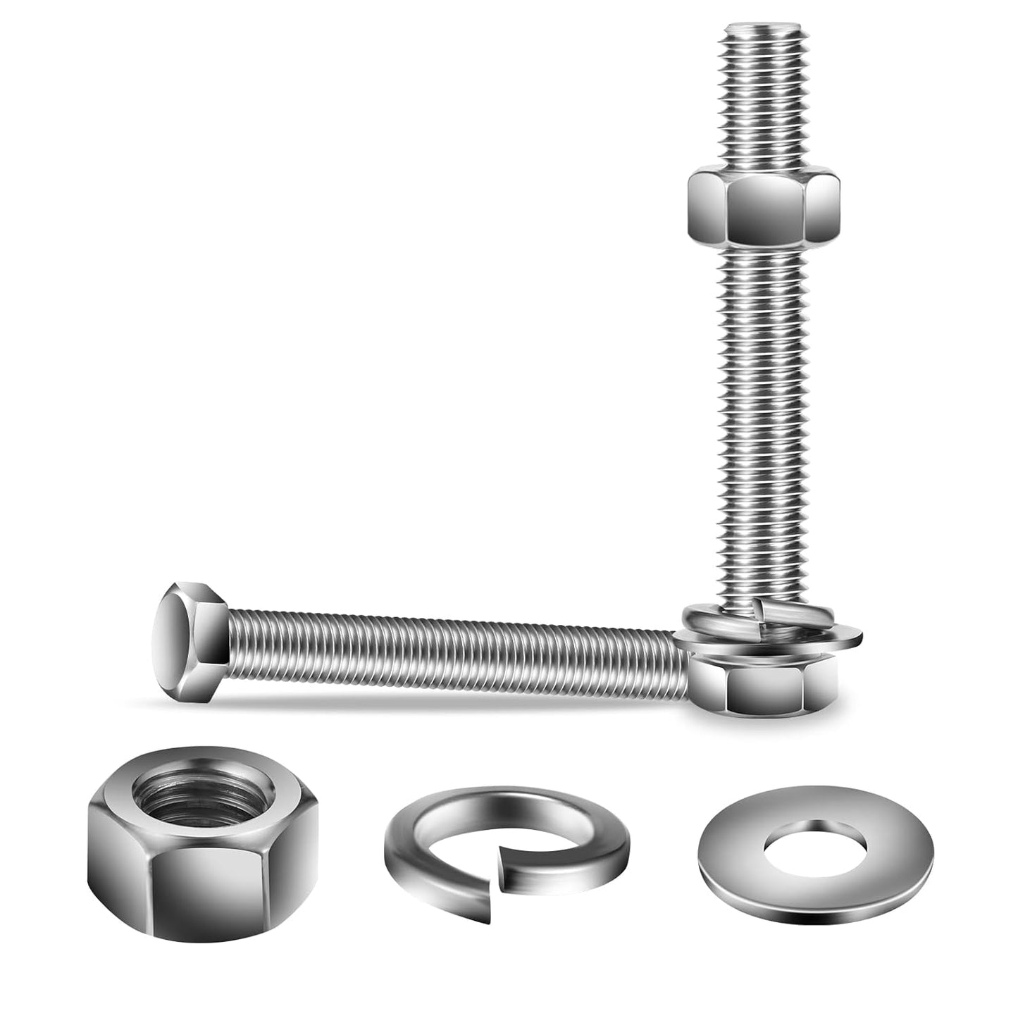 5/16-18 x 6" Hex Head Screw Bolt, Nuts, Flat & Lock Washers, 10Pcs 18-8 (304) Stainless Steel, Fully Threaded, by SG TZH