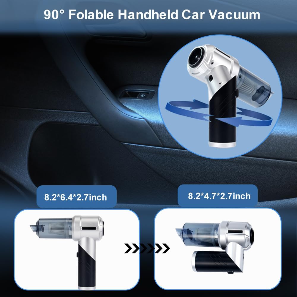 Handheld Foldable Car Vacuum, 4-in-1 18000PA Mini Vacuum Cleaner Portable Cordless, Air Blower, High Power Air Duster with Brushless Motor, for Car, Home, Office, Camping (Black)