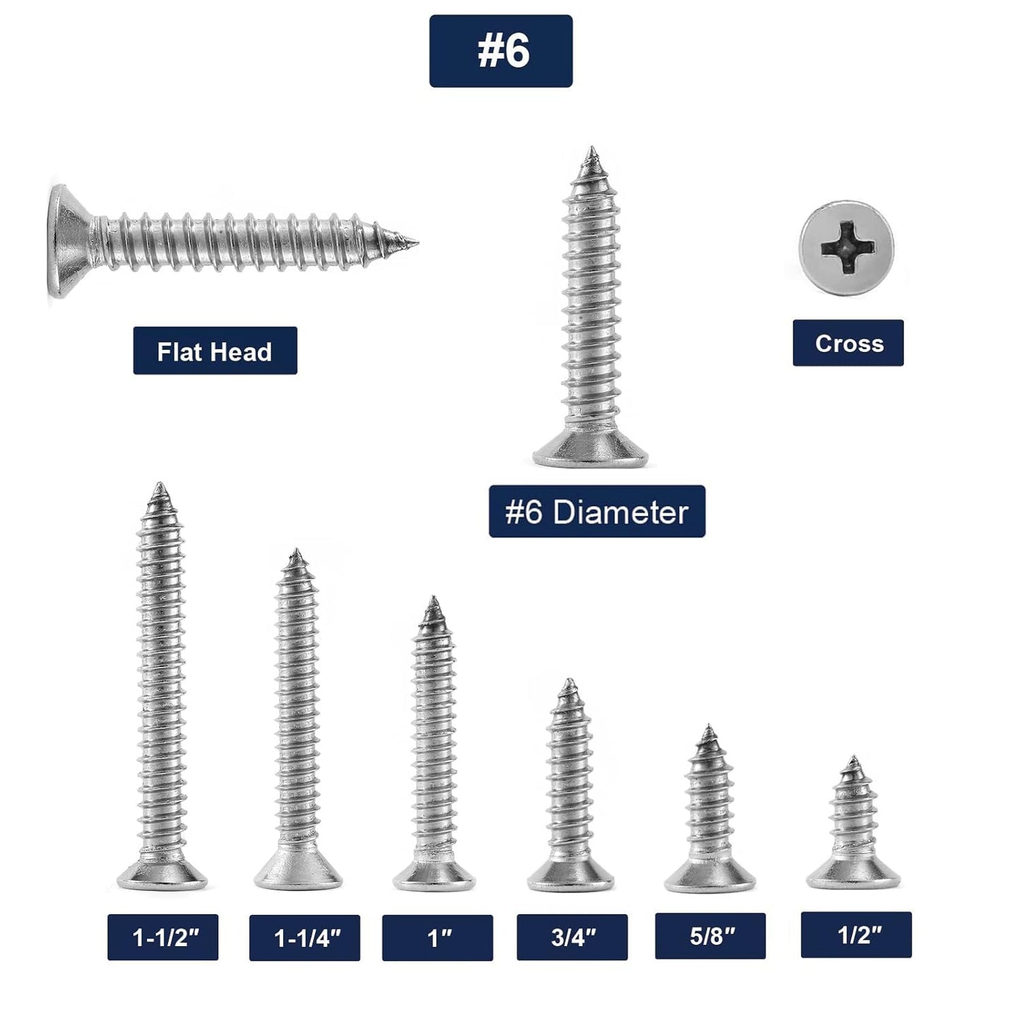 #6 x 1" Wood Screw 100Pcs 18-8 (304) Stainless Steel Screws Flat Head Phillips Fast Self Tapping Drywall Screws by SG TZH