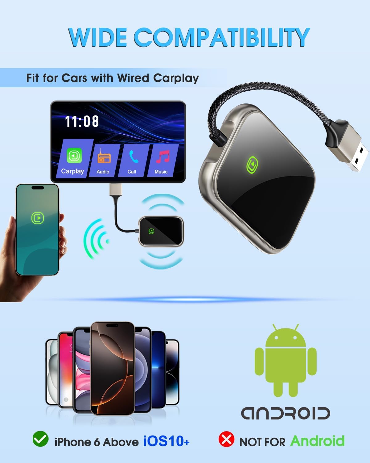 Wireless CarPlay Adapter - Fast & Stable Connection for Carplay Wireless Adapter Convert Factory Wired to Wireless CarPlay Dongle Plug & Play Car Play Fit for iPhone iOS 10+ (Dark Gold)