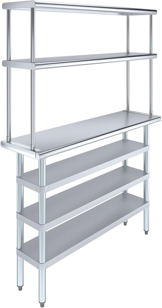 Amgood 14" x 48" Stainless Steel Work Table with 3 Shelves and 12" Wide Double Tier Overshelf | Metal Kitchen Prep Table & Shelving Combo | NSF