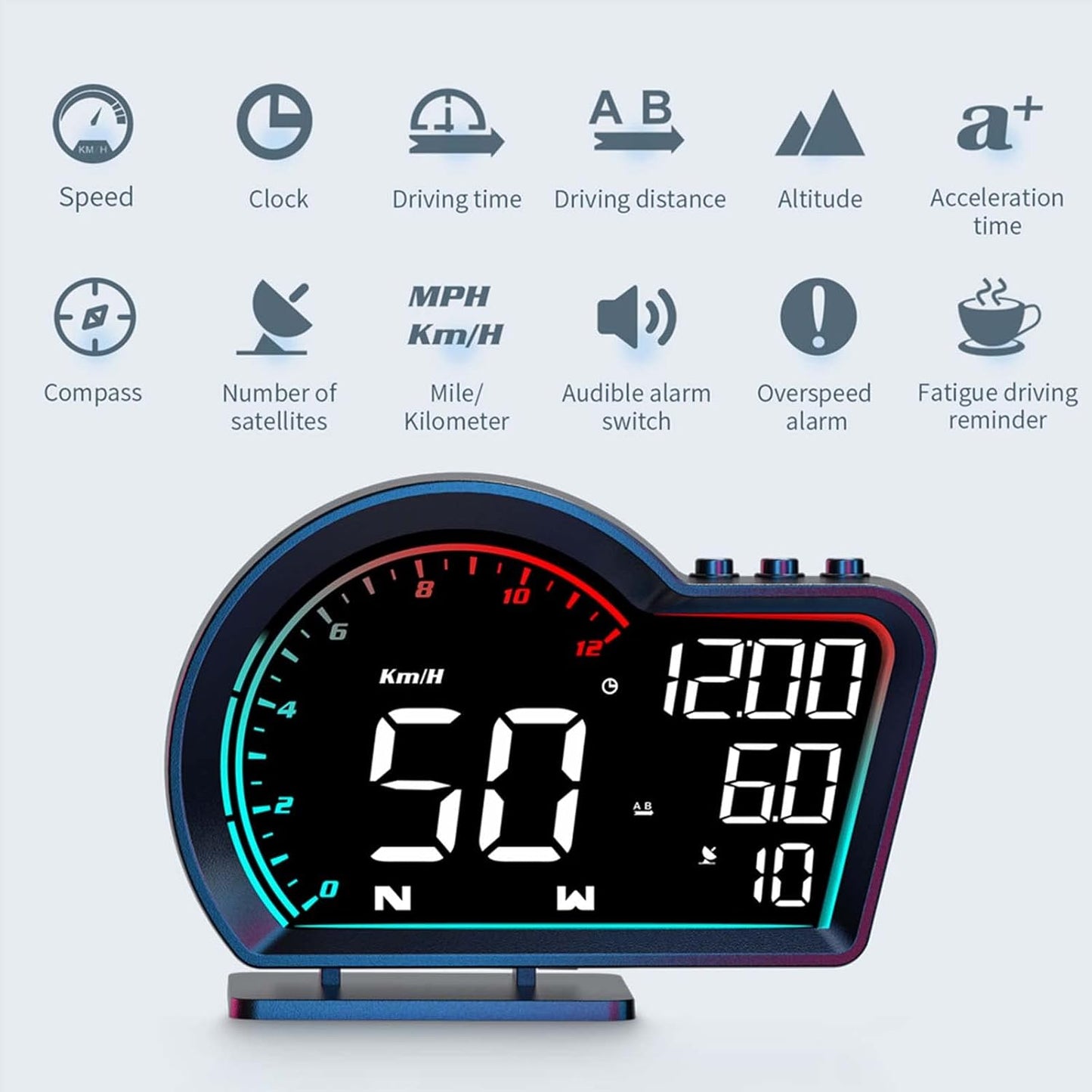 ACECAR Digital GPS Speedometer Universal Car Head Up Display with Speed MPH Compass Direction Fatigue Driving Reminder Driving Distance Altitude Overspeed Alarm HD Display HUD for All Vehicle