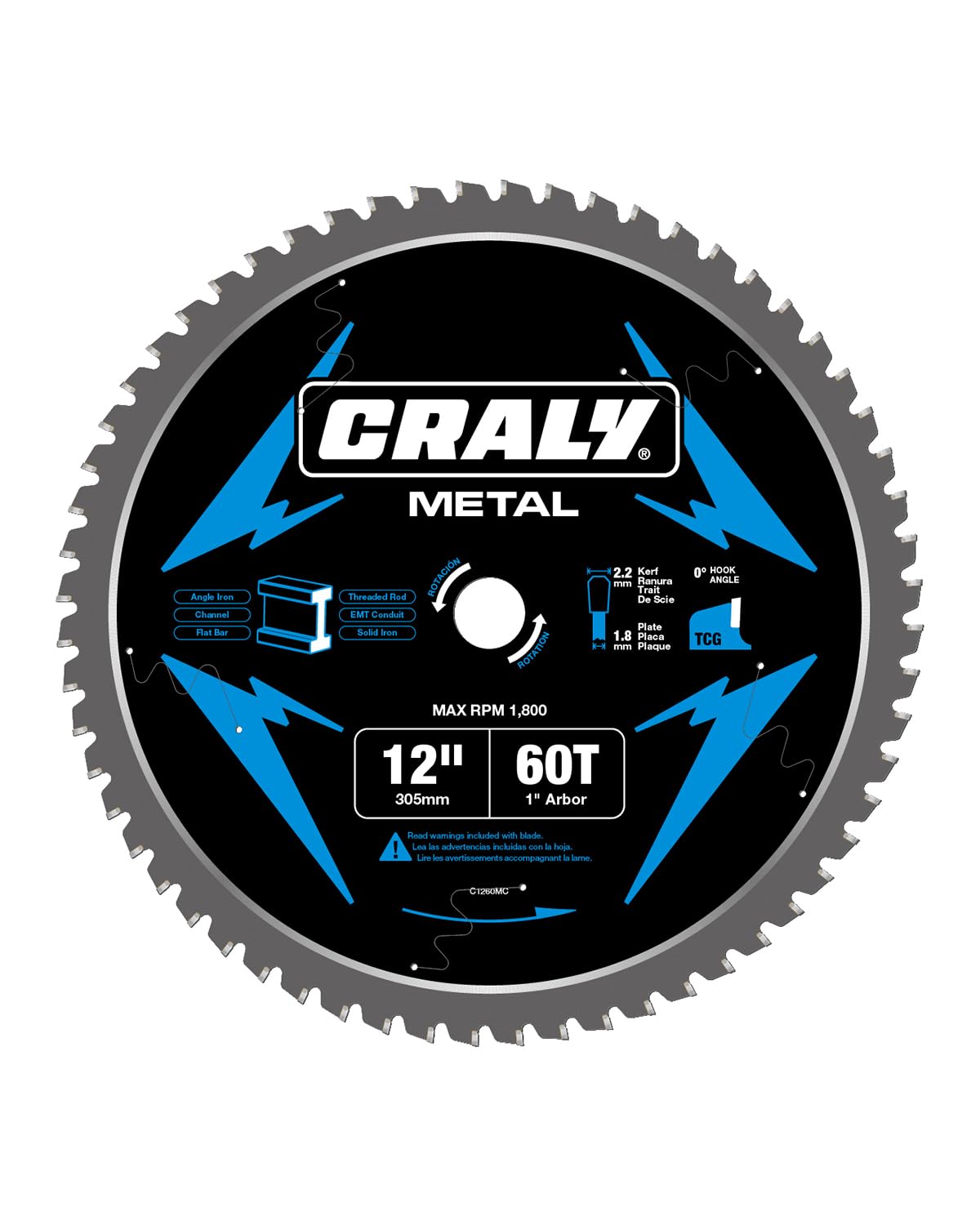 CRALY 12 Inch 60 Teeth Steel and Ferrous Metal Cutting Circular Saw Blade, 1 Inch Arbor, Thin Kerf, Professional Carbide Tipped Blade for Angle Iron, Threaded Rod, EMT Conduit(C1260MC)