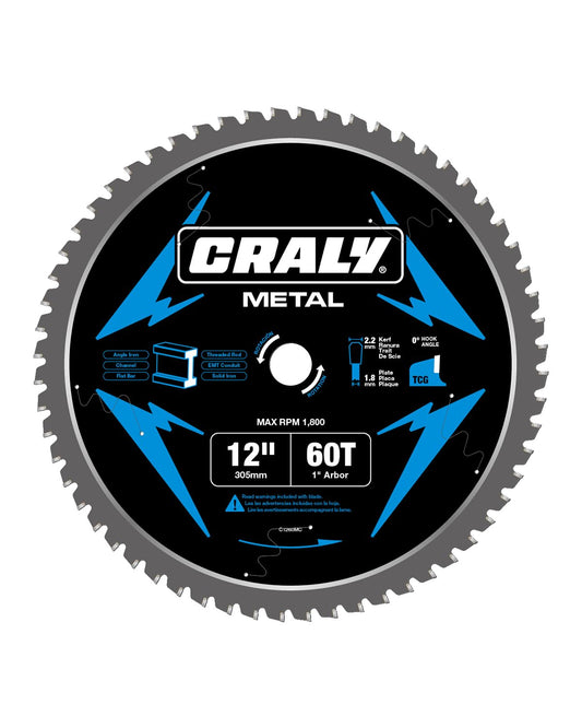 CRALY 12 Inch 60 Teeth Steel and Ferrous Metal Cutting Circular Saw Blade, 1 Inch Arbor, Thin Kerf, Professional Carbide Tipped Blade for Angle Iron, Threaded Rod, EMT Conduit(C1260MC)