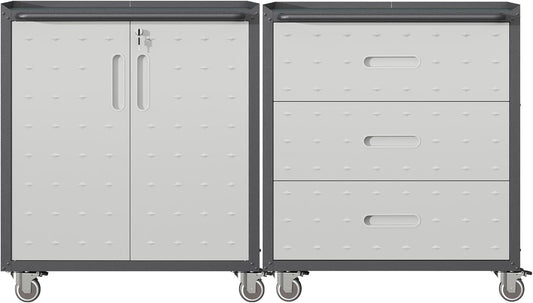 Metal Tool Cabinet,Garage Storage Cabinet System,Wall Cabinet & Locking Rolling Tool Cabinet with Doors and Adjustable Shelves,Steel Tool Cabinets for Home,Office (2 Pcs-StyleC, Black & Grey)