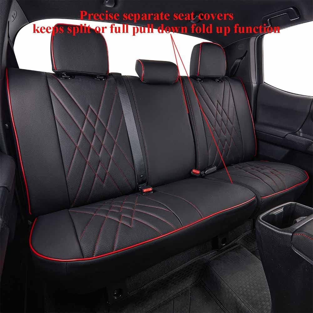 EKR Custom Fit Tacoma Car Seat Covers for Select Toyota Tacoma 2016 2017 2018 2019 2020 2021 2022 2023 Double Cab/Crew Cab - Full Set,Leather(Black with Red Trim)