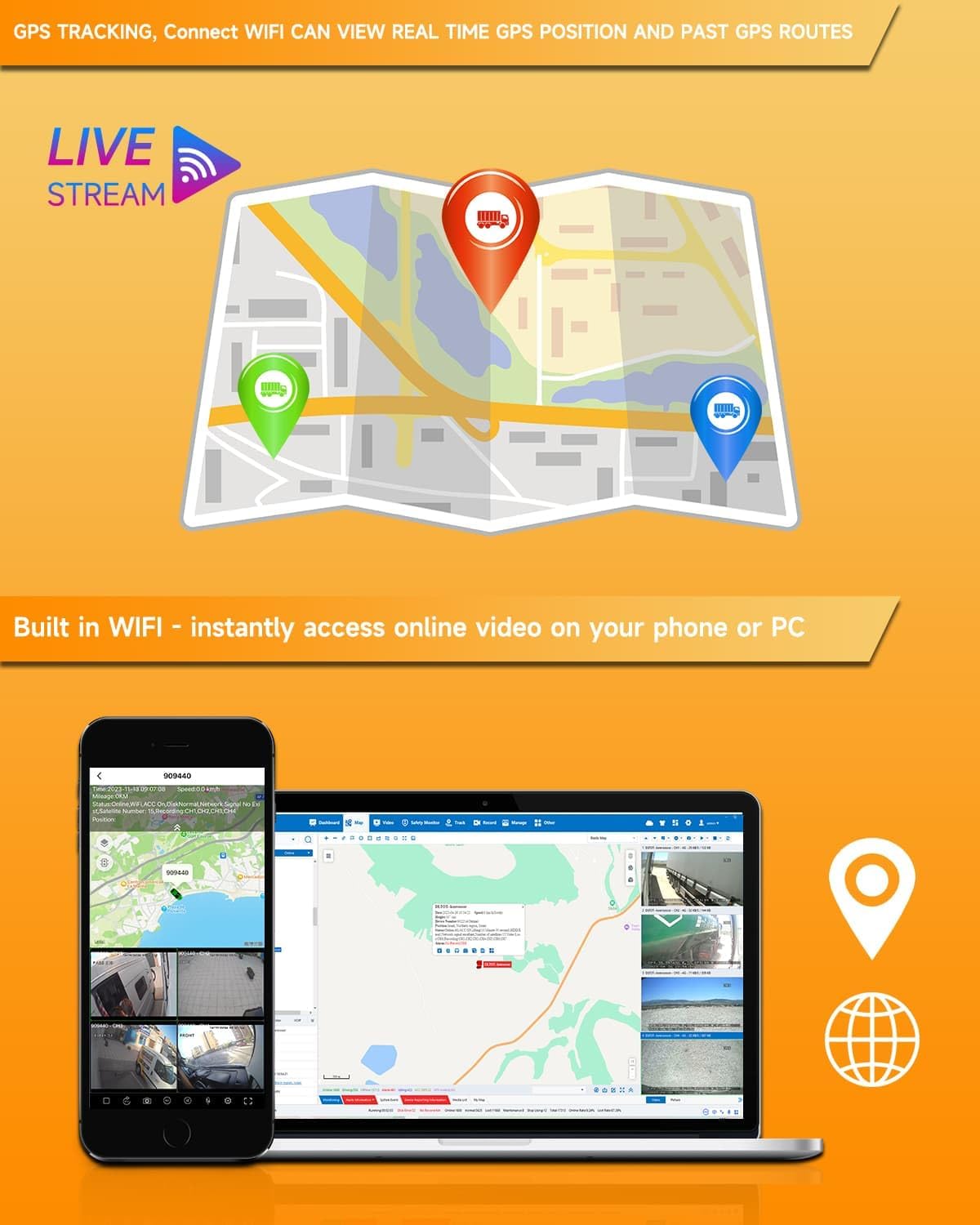8CH Mobile DVR Monitor Camera System with WiFi Live GPS Tracking HDD MDVR Video Recorder 7" Touch Screen Monitor and 4 1080P Rear Side View Camera Waterproof Night Vision for RV Truck Trailer Tractor
