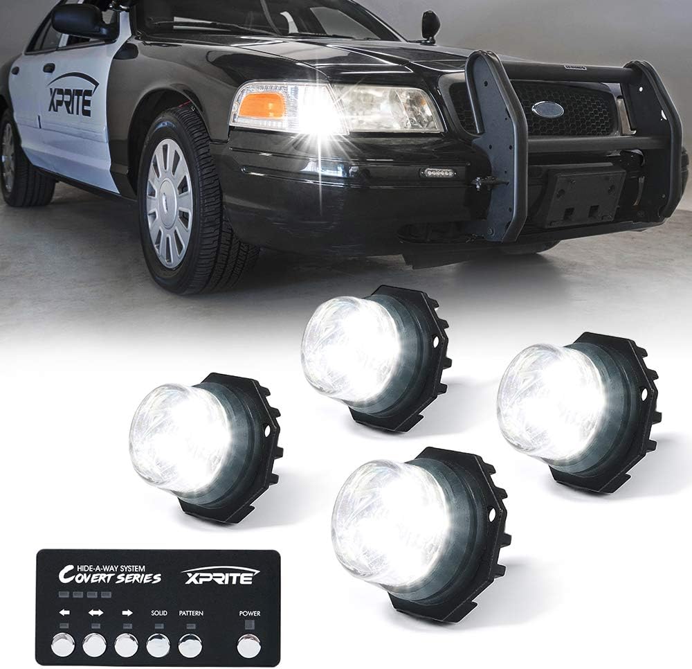 Xprite 4PCS LED Hideaway Strobe Lights Kit - White, 20 Flash Modes, Control Panel Included, Ideal for Emergency Vehicles, Trucks, Cars, Headlights, Taillights & Fog Lights, Hazard Warning