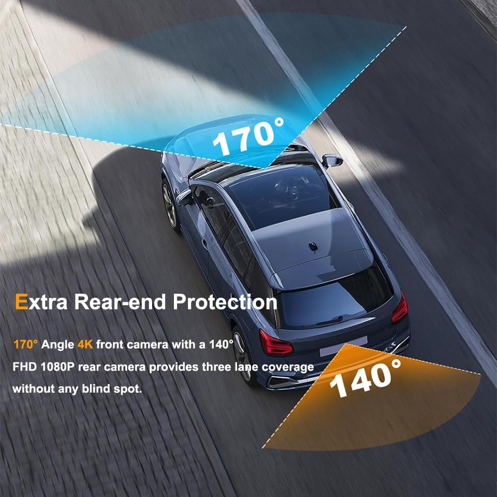 Dash Cam Front and Rear with 64GB Card, 4K+1080P Dual Dash Camera for Cars, Mini Car Camera, APP Control, Built-in Wi-Fi & G-Sensor, 170°Wide Angle, WDR, Night Vision, Loop Recording, Parking Mode