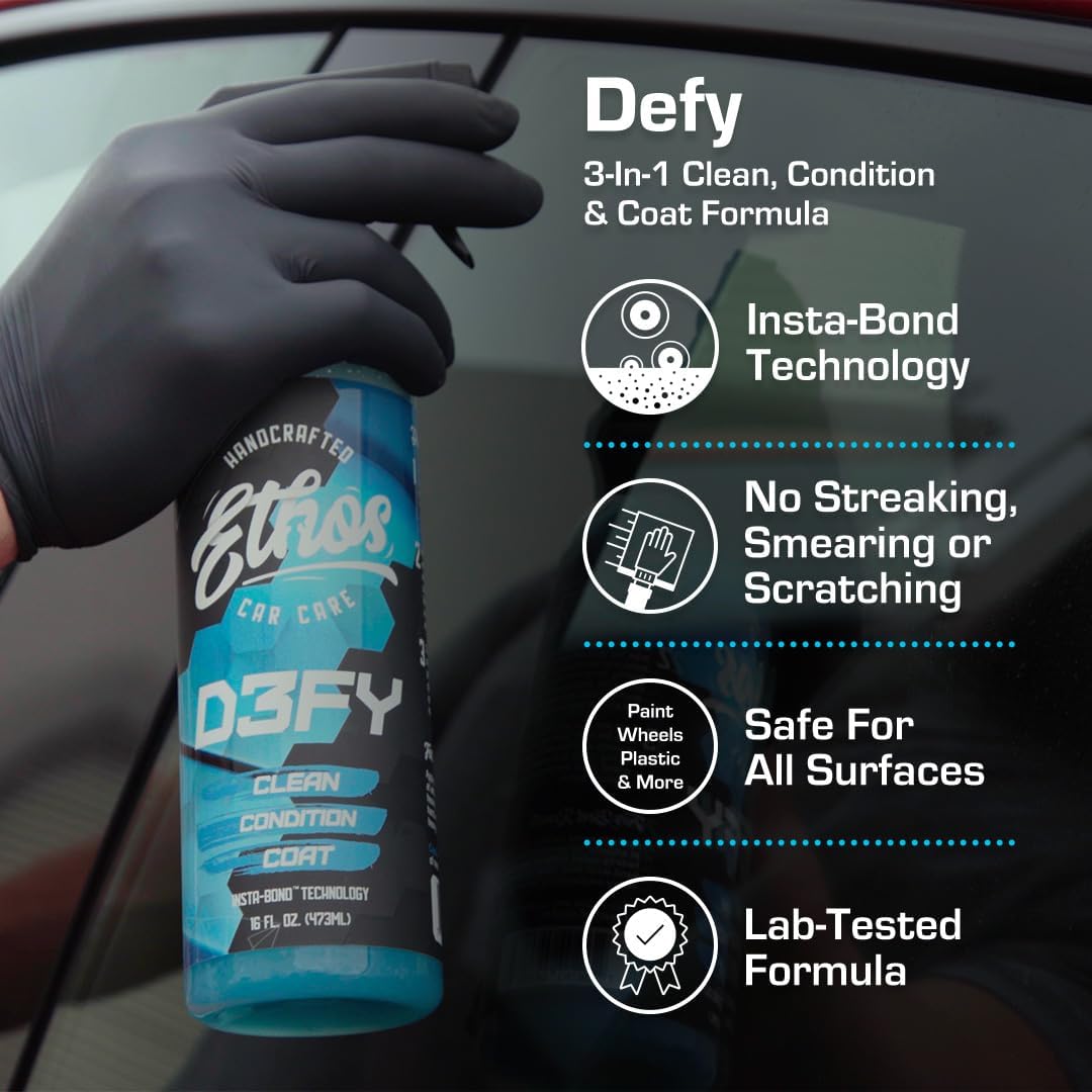 Ethos Defy - 3 in 1 Ceramic Coating - Waterless Car Wash Spray & Wax - Car Wax Rnseless Wash - Hydrophobic Top Coat - Polish & Polymer Paint Sealant Protection - with Insta-Bond Technology