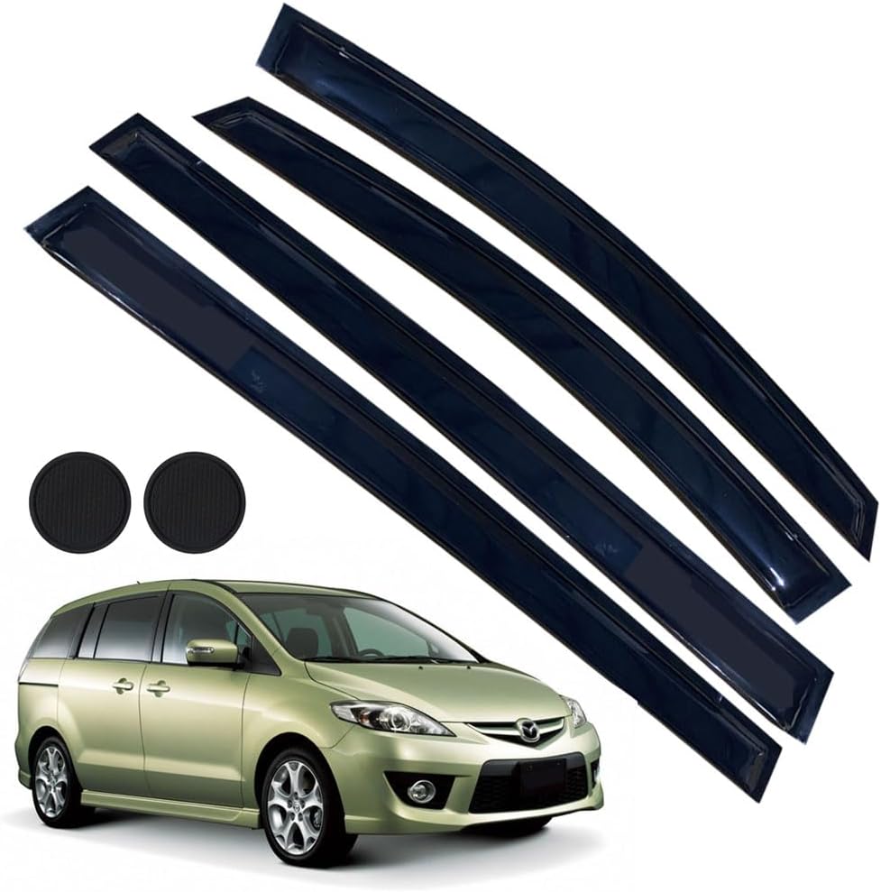 Rain Guards for Mazda 5 2006-2015, Tape-on Side Window Deflectors for Mazda 5, Window Visors for Mazda Cars, for Mazda Car Accessories 4 Rain Guards ＆ 2 Car Coasters