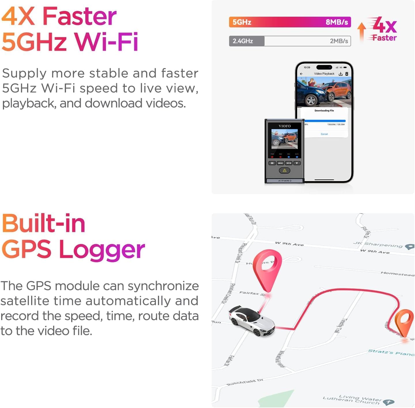 VIOFO Dash Cam A119 Mini 2, STARVIS 2 Sensor, 2K 60fps/HDR 30fps Voice Control Car Dash Camera with 5GHz Wi-Fi GPS, Night Vision 2.0, 24H Parking Mode, Supercapacitor, Support 512GB Max