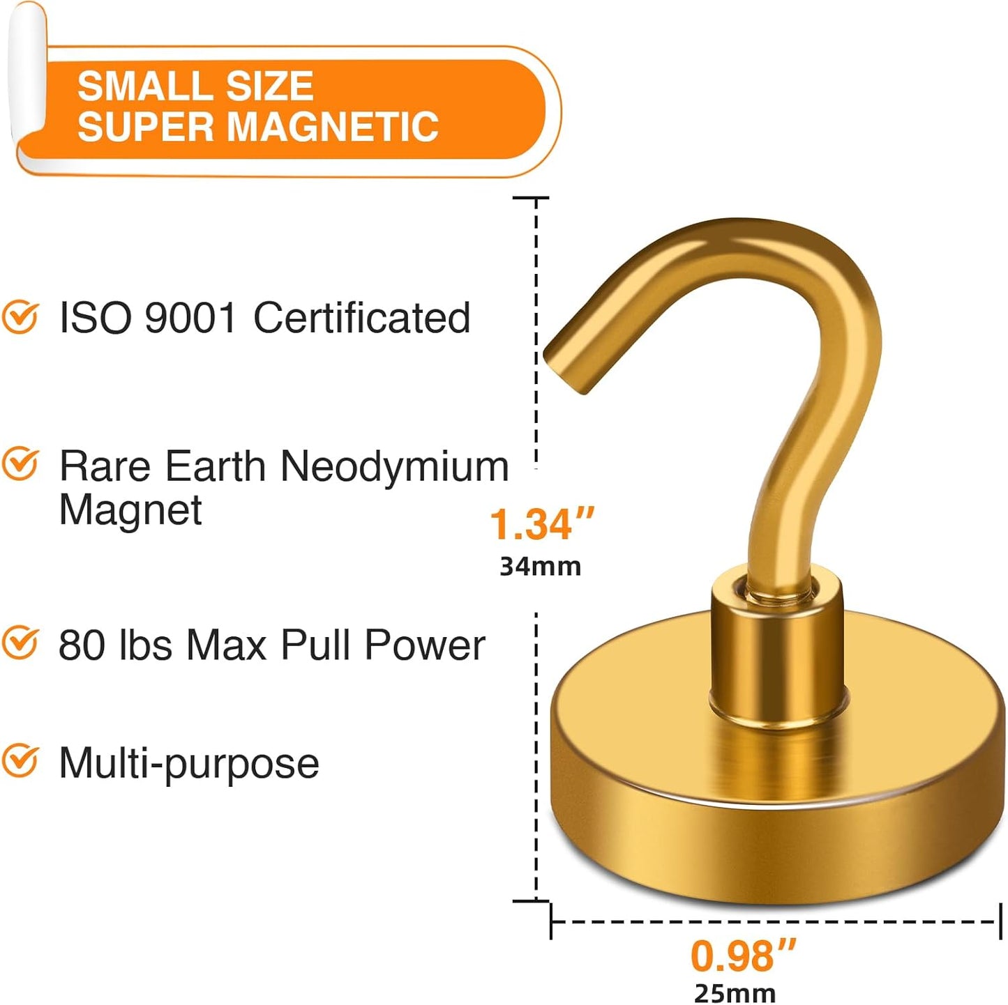 MIKEDE Magnetic Hooks, 80LB Heavy Duty Magnets with Hook for Fridge, Super Strong Magnets Neodymium Extra Strength Industrial Hooks for Hanging, Toolbox, Cruise(Yellow, 4 Pack)