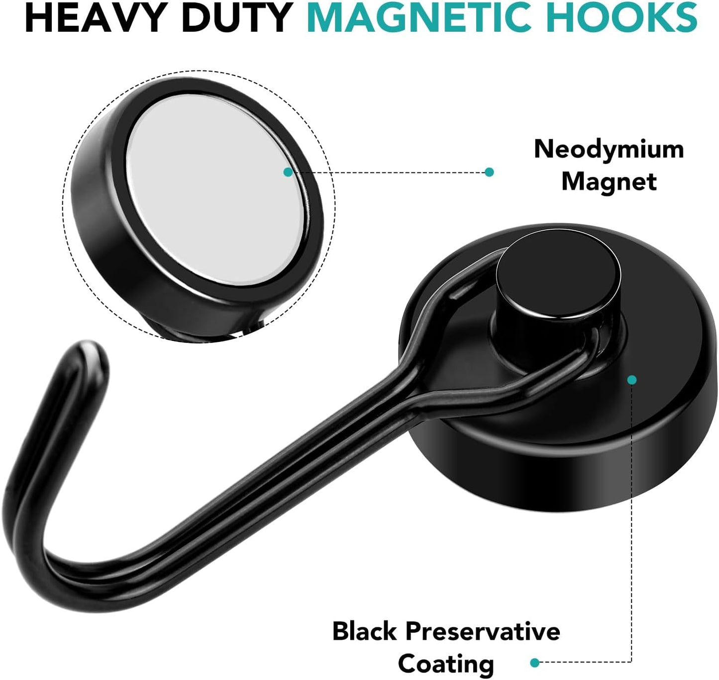 DIYMAG Black Magnetic Hooks, 40LBS Strong Magnetics Heavy Duty, Magnet Hook with Metal Hanger for Hanging Refrigerator Home Kitchen Office, 4Pack