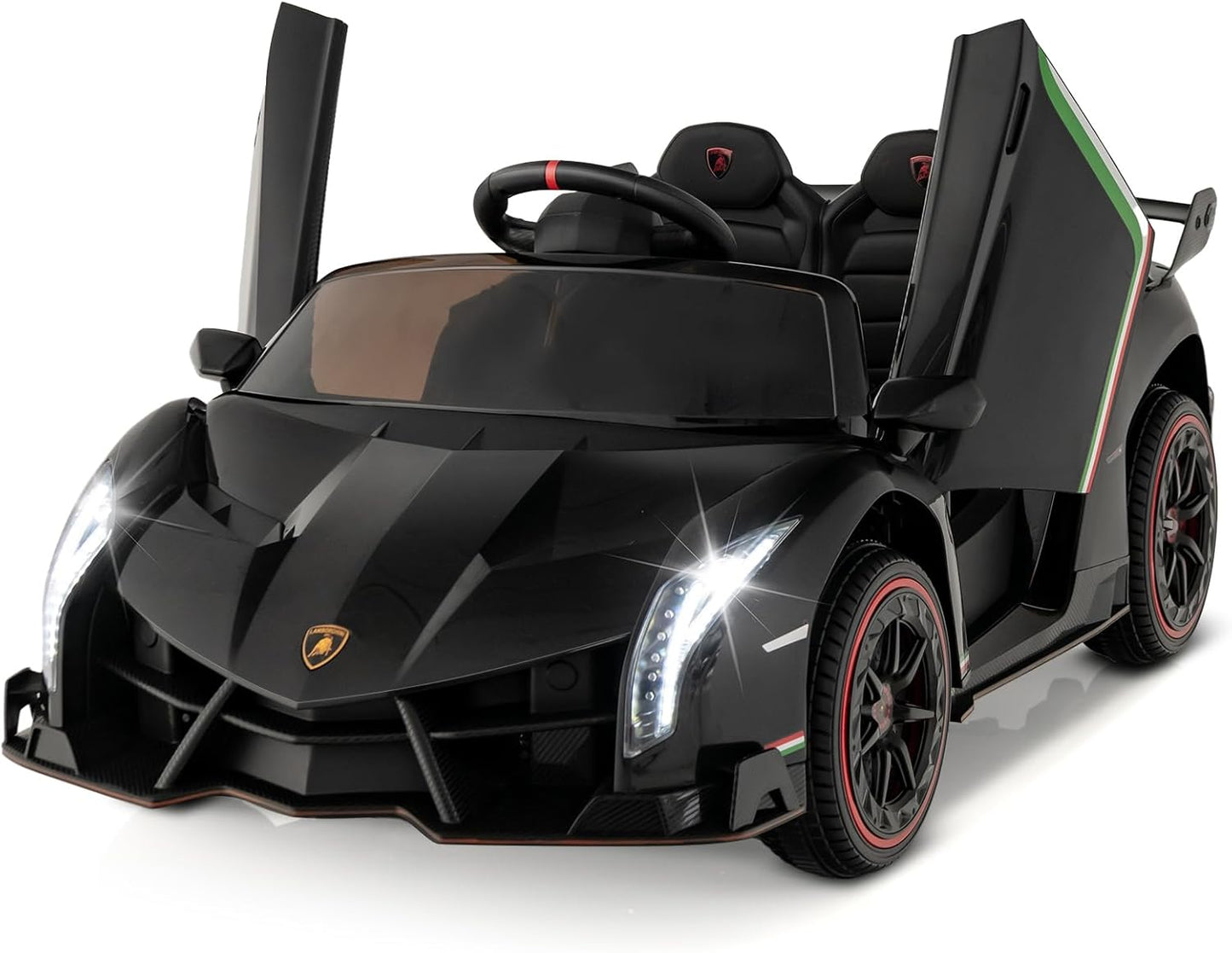 Costzon Ride on Car, Lamborghini Licensed 12V Battery Powered 4WD Sports Car with Remote Control, 3 Speeds, Hydraulic Doors, LED Lights, Towing Wheel, Horn, Music, Electric Vehicle for Kids Aged 3-8