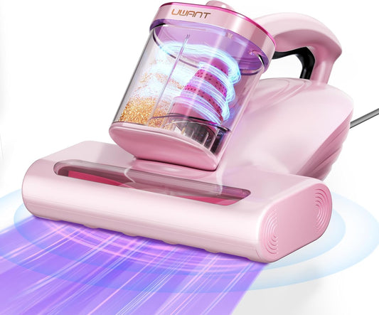 uwant Bed Cleaner with 16Kpa Suction Metal Roller 253.7nm Uv-c Light Mattress Vacuum Cleaner 36000RPM/Min 149℉ Heating HEPA Filter&Ultrasonic Mattress Vacuum for Sofa, Pillow, Bed Throws, Pink
