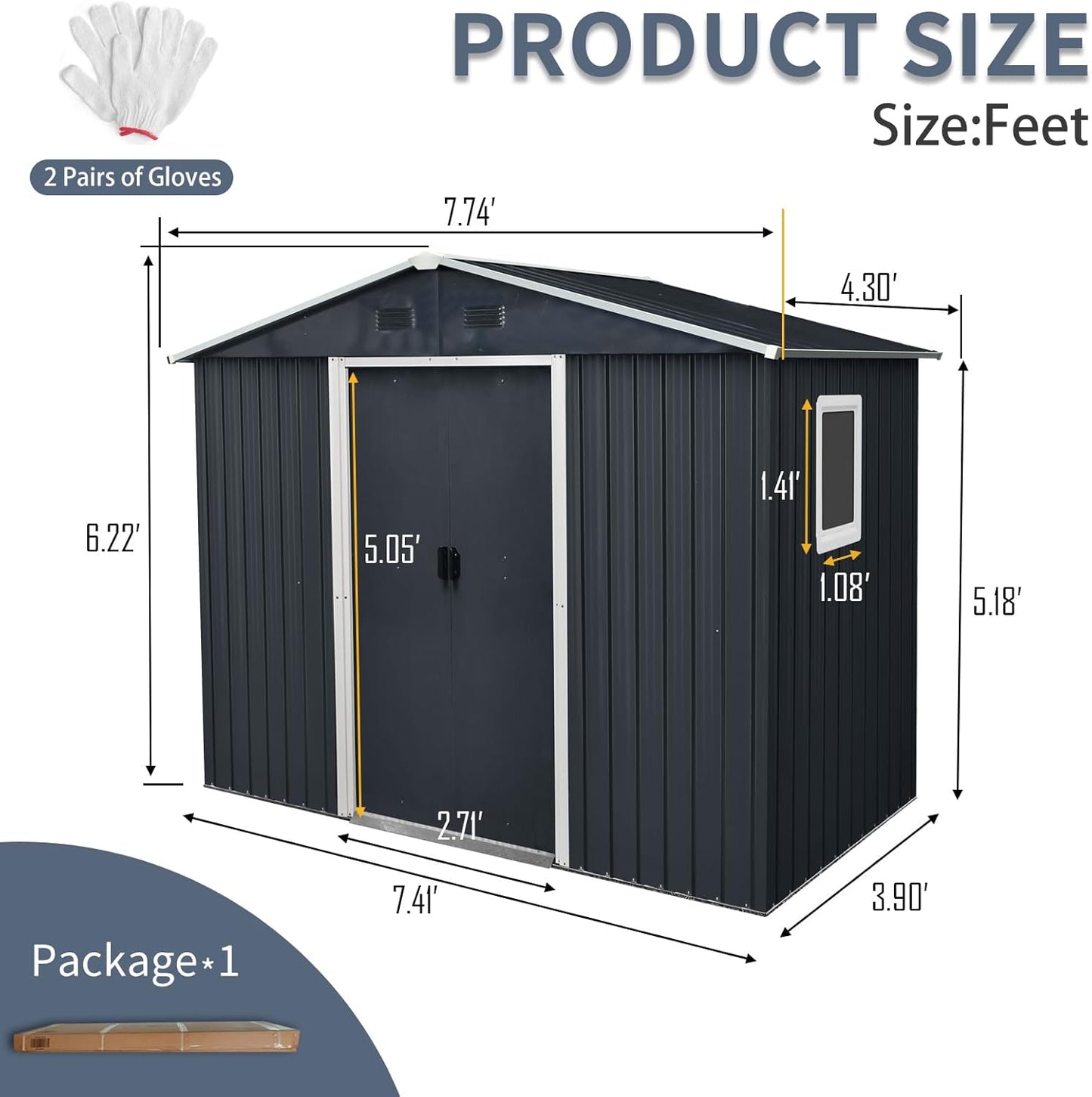 8x4 FT Outdoor Storage Shed,Metal Shed with Window & Floor,Garden Shed W/Air Vent & Lockable Sliding Door,All Weather Waterproof Tool House W/Sloped Roof,for Backyard,Patio,Lawn,Black+White