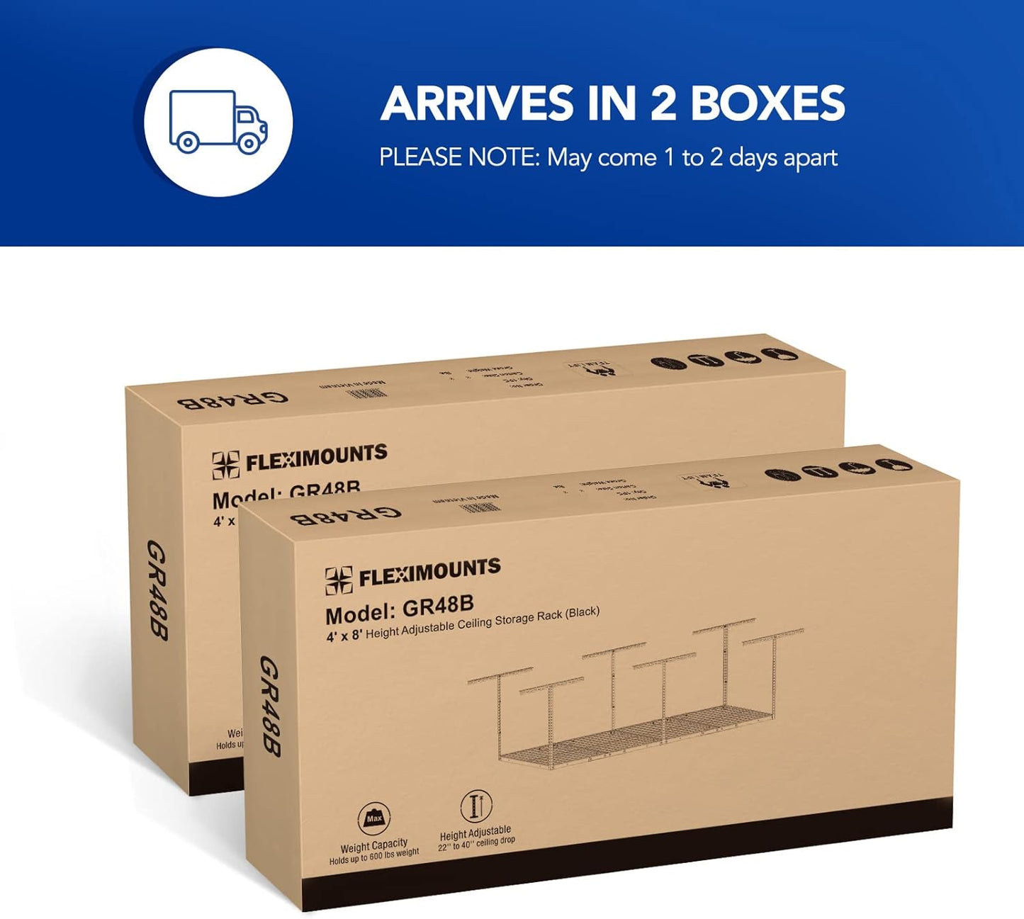 FLEXIMOUNTS 4x8 Overhead Garage Storage Rack, Adjustable Organization System, Heavy-Duty Metal Ceiling Racks, 2 Pack, Hammertone