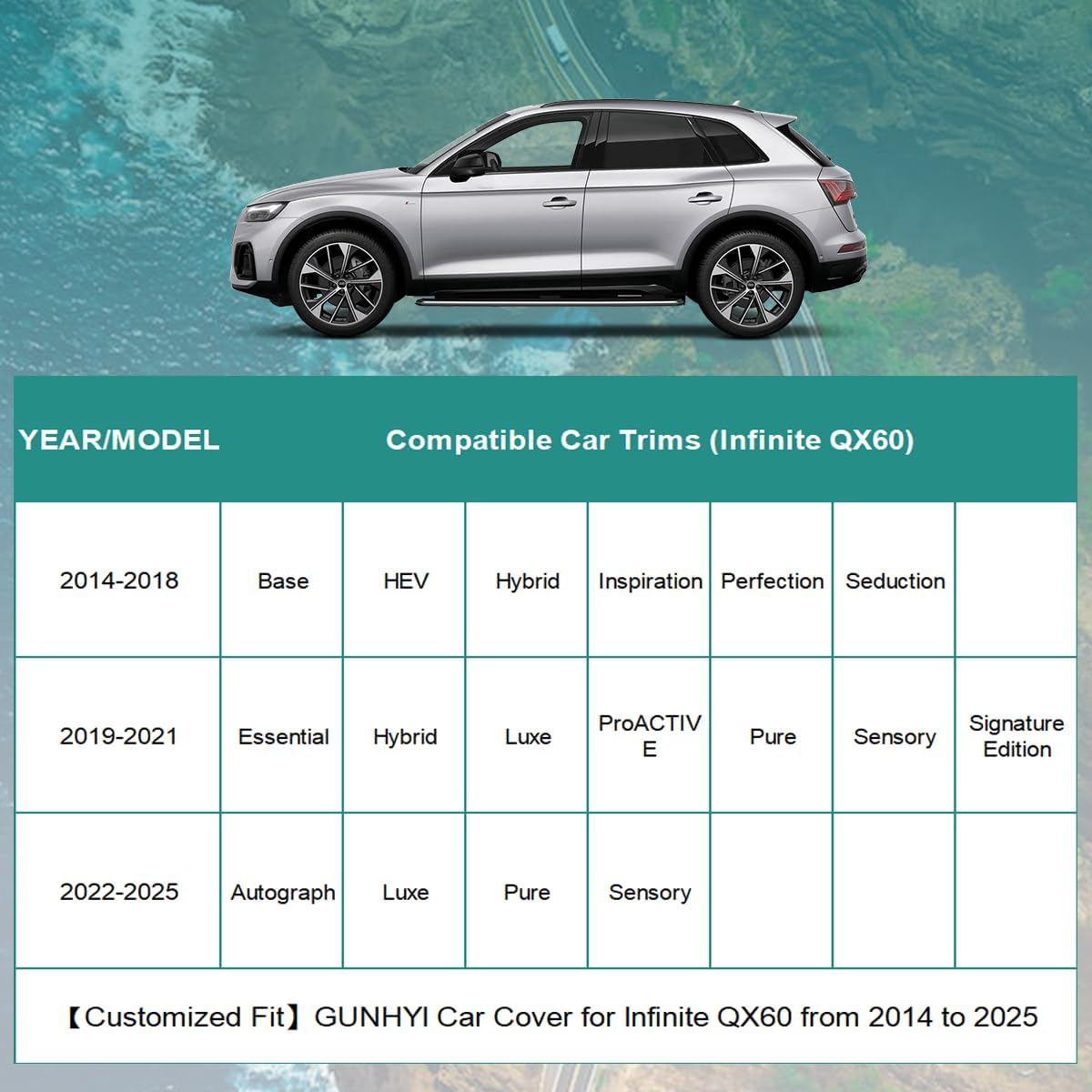 Premium Car Cover Custom Fit Infiniti QX60 (2013-2025), 16 Layers Heavy Duty Car Cover Waterproof All Weather with Zipper Door for Sun Rain Snow Dust Uv Protection