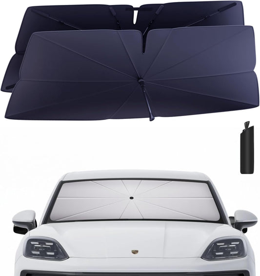 Windshield Sun Shade Umbrella for 2019-2025 Porsche Cayenne Accessories: Custom Fit 240T Silver, Double Thickened Foldable Sunshade Window Sun Visor, Ultimate 99% UV Blocking for Base/S/GTS/Turbo