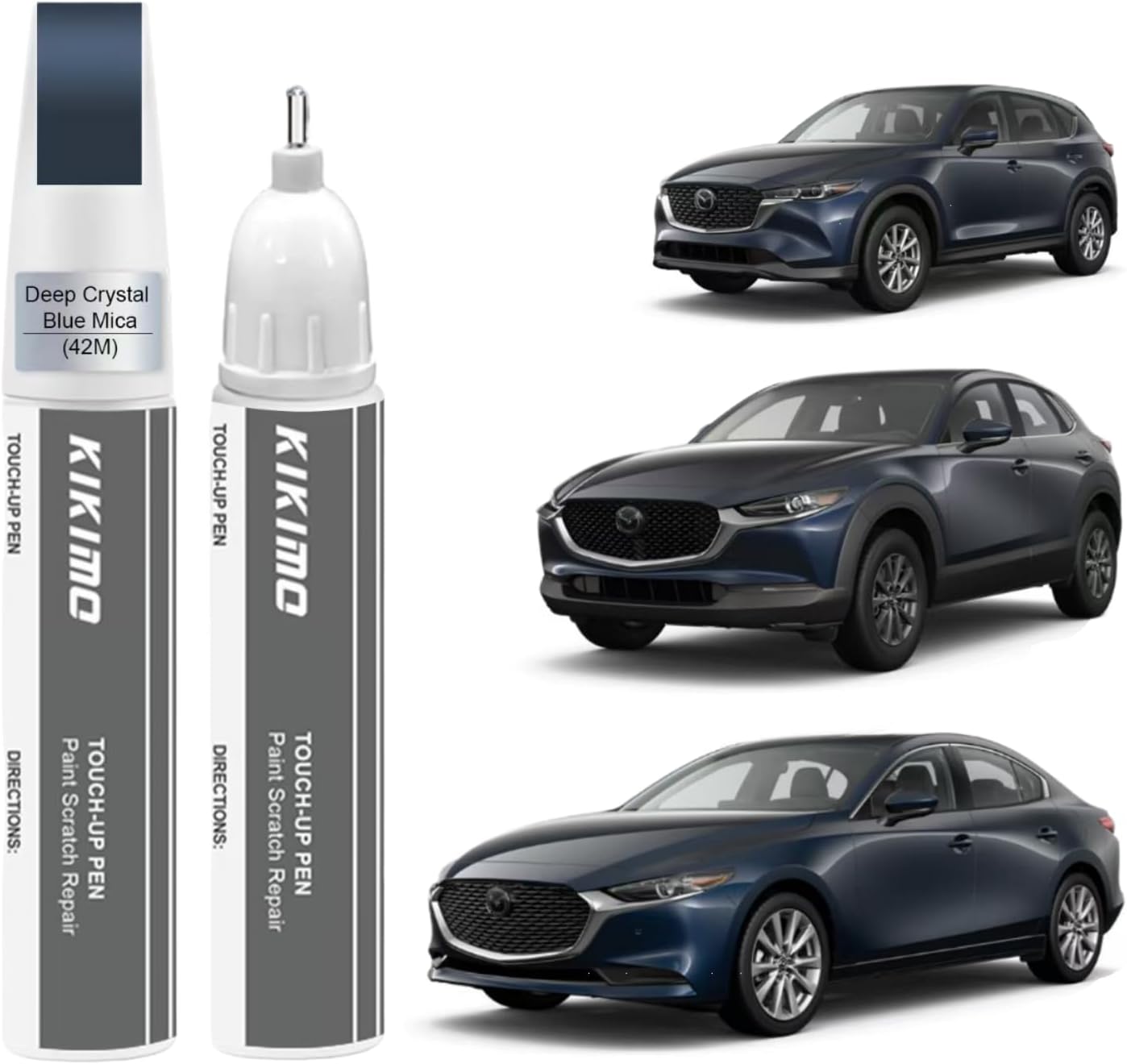 KIKIMO for Mazda Touch Up Paint(Deep Crystal Blue Mica(42M)), Car Paint Repair Kit for Mazda, 2 In 1 Scratches Repair with Pen Tip and Brush, Color-Matched for Quick & Easy Fix
