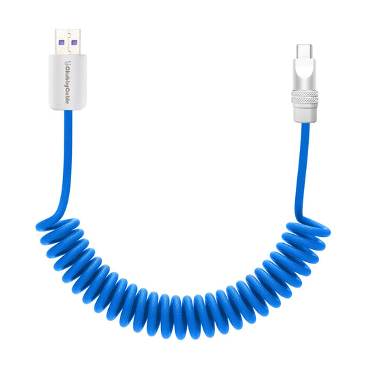 chubbycable Curly Chubby - Retractable Fast Charging Cable 240W Coiled Charger Cord for Car Durable USB-C Cable for Phones, Tablets and More, Light Blue, USB-A to Type-C, 1.3FT-2.3FT