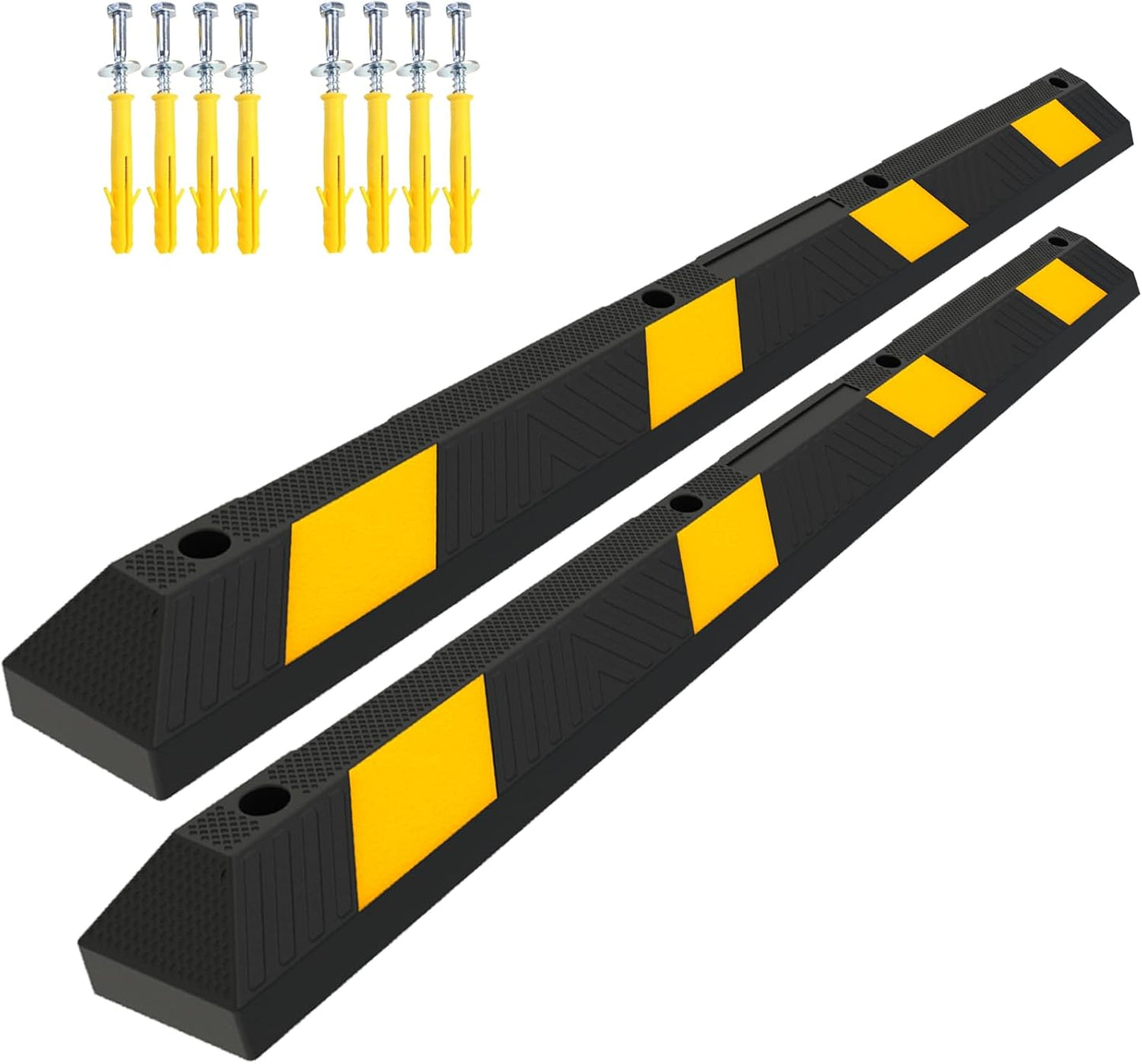 72" Rubber Parking Curb Stop, Heavy Duty Car Stopper, Parking Wheel Stops for Car, Garage Bumpers with Reflective Yellow Tape for Parking Car, Garage Parking (2 Pack)