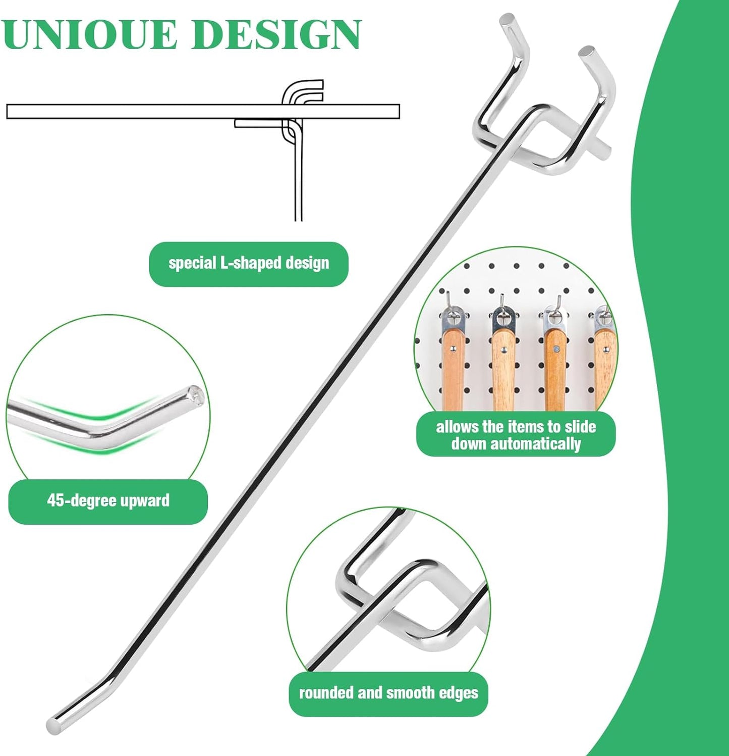 60Pcs 2" 4" 6" 8" Pegboard Hooks Assortment Set, Metal Peg Board Hooks with 2.5mm Hole Pitch 4mm Wire Diameter Slatwall Hanging Hook for Garage Organization Wall Hanging (Silver)