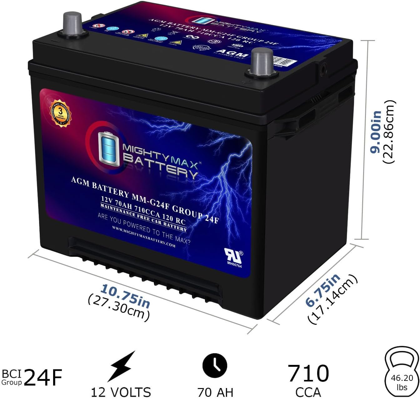 Mighty Max Battery MM-G24F Start and Stop Car BCI Group Size 24F 12V 70Ah, 120RC, 710 CCA Rechargeable AGM Car battery