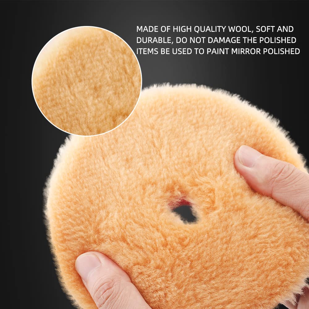 SPTA Wool Polishing Pads, 2Pcs 5 Inch (125mm) Wool Cutting Pad, Yellow Wool Buffing and Polishing Pad Set, Wool Buffing Wheel for Medium Cut for 5Inch Car Polisher Polishing, Buffing and Cutting