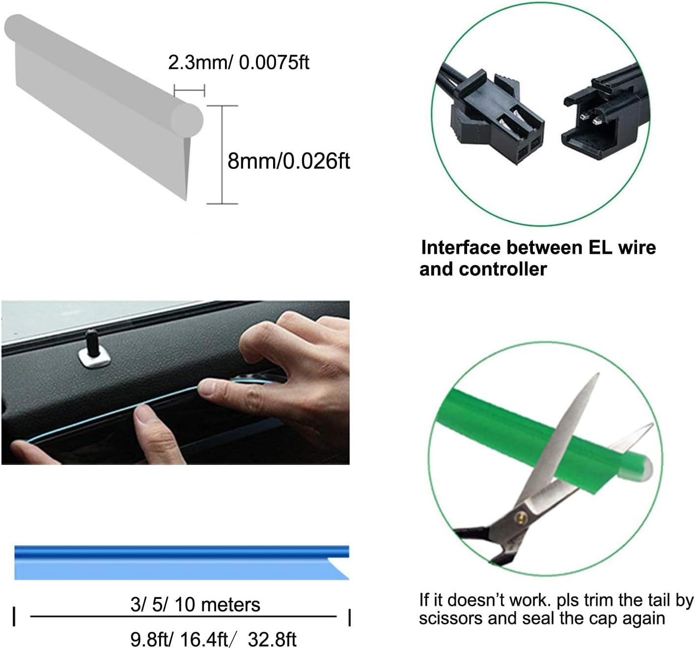 El Wire Mutilcolor Interior Car LED Strip Lights,3M Neon Wire USB 5V with Fuse Protection for Automotive Interior Decoration, with 6mm Sewing Edge