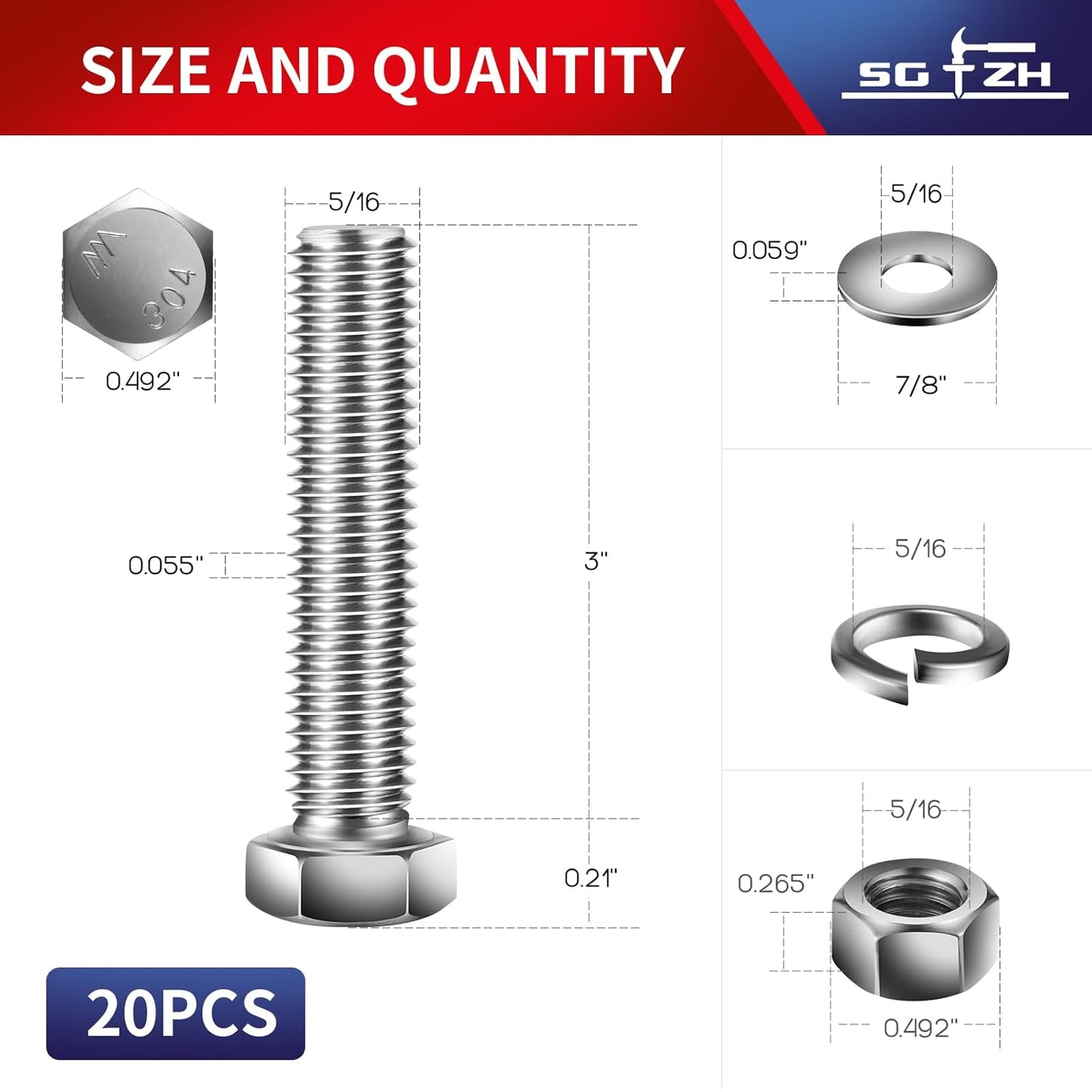5/16-18 x 3" Hex Head Screw Bolt, Nuts, Flat & Lock Washers, 20Pcs 18-8 (304) Stainless Steel, Fully Threaded, by SG TZH
