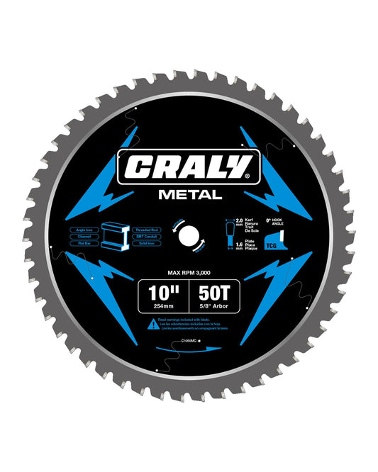 CRALY 10 Inch 50 Teeth Steel and Ferrous Metal Cutting Circular Saw Blade, 5/8 Inch Arbor, Thin Kerf, Professional Carbide Tipped Blade for Angle Iron, Threaded Rod, EMT Conduit(C1050MC)