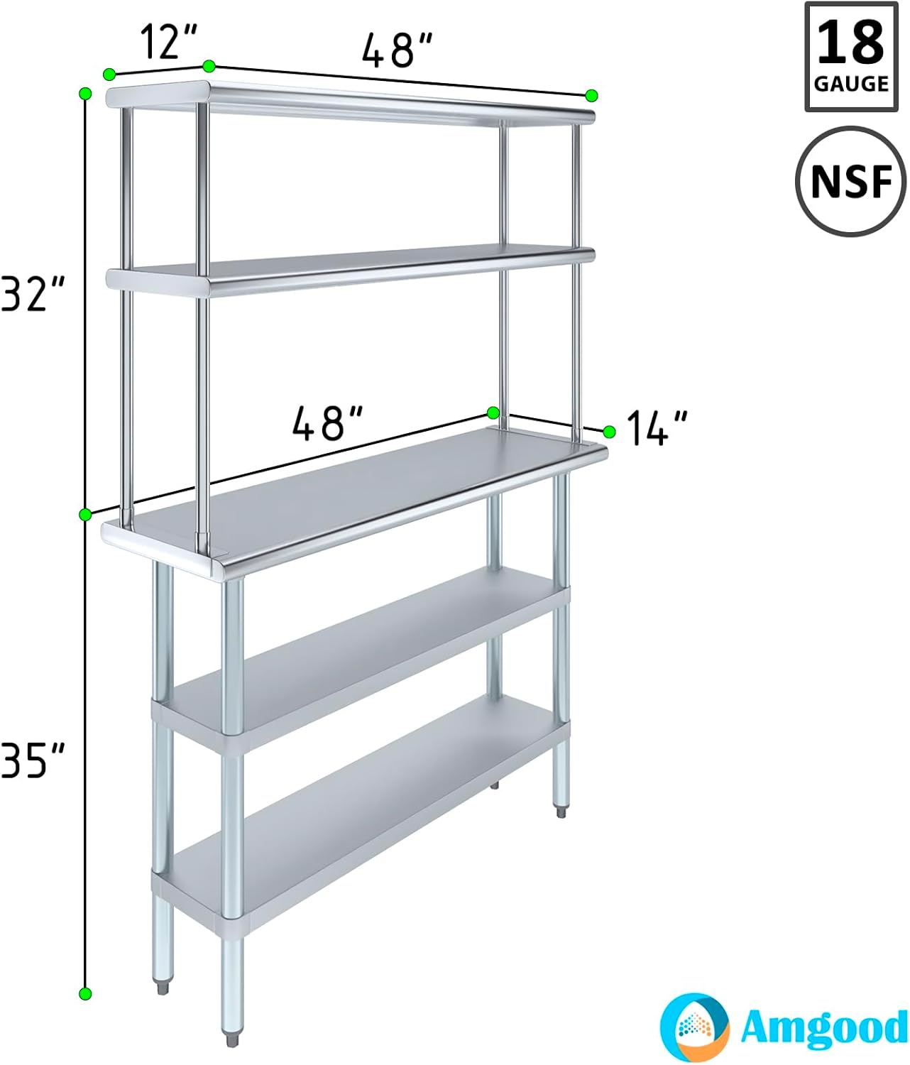 Amgood Stainless Steel Work Table with 2 Shelves | Metal Kitchen Prep Table & Shelving Combo (14" x 48" Table with 2 Shelves + 12" Overshelf)