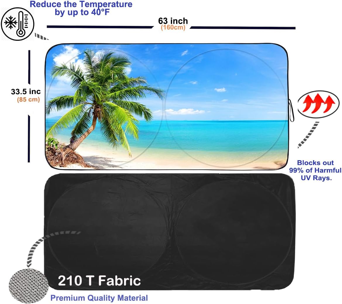 Gven Sunshade for Car Windshield with Tropical Palm Tree Design- UV Protection& Heat Blocking Sunshade for Cars Sedan SUV Truck| Keep Car Cool in Summer Beach Vacation Style (Palm Tree, L)