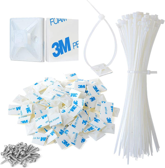 200pcs 3/4" 3M Back-Glue Self Adhesive White Strong Cable Zip Tie Mounts with 8" Ties, Screws, Outdoor Sticky Wire Fasteners Cable Clips Management Anchors Organizer Holders Squares