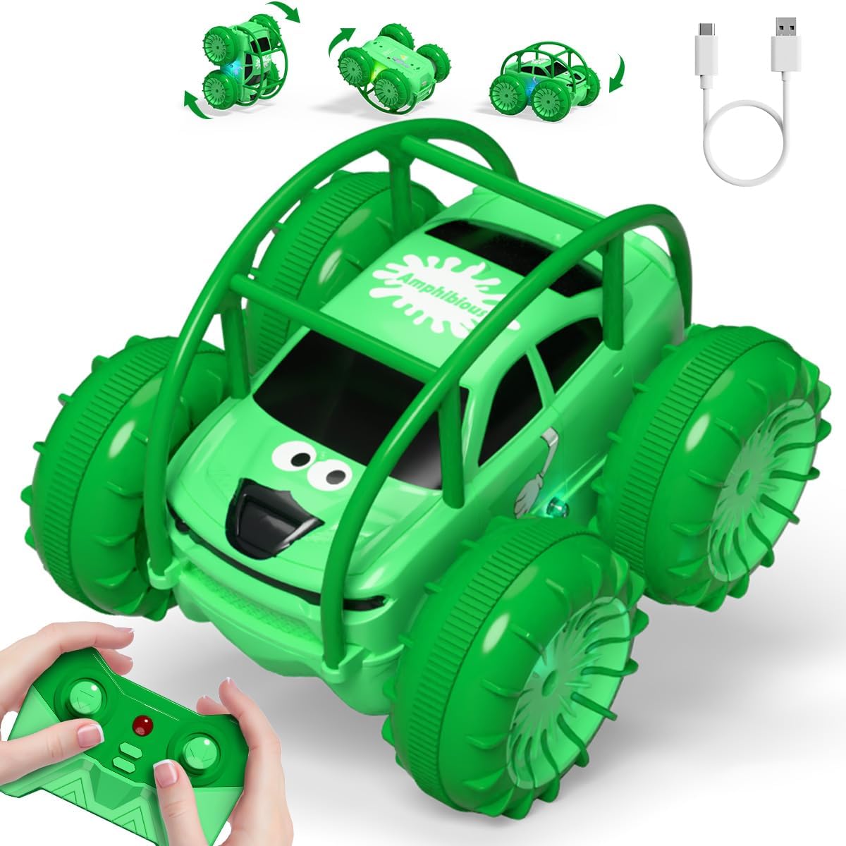 Remote Control Car, Fast Direct Charging RC Cars Amphibious Rechargeable Stunt Car 360° Rotating LED 2.4Ghz 4WD All Terrain Waterproof Cars Toy Christmas Birthday Gift Kids Boys 3-12 Years