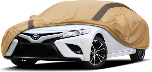 Car Cover Waterproof All Weather Compatible with Toyota Camry Sedan Solara (1996-2024), Outdoor Anti-UV Sun Rain Protection Full Exterior Cover (Camel with Brown)