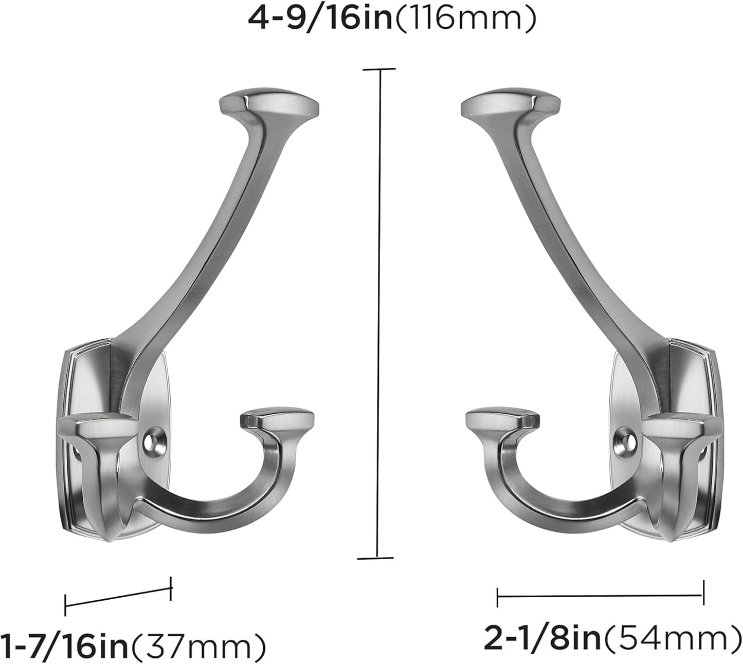 Large Wall Double-Sided Hook 2 Pack Brushed Satin Nickel Hook Decorative Heavy Duty Solid Large Coat Hooks for Towel Hanging Coats Robe Towel Bags Door Back 2 Prong Hooks
