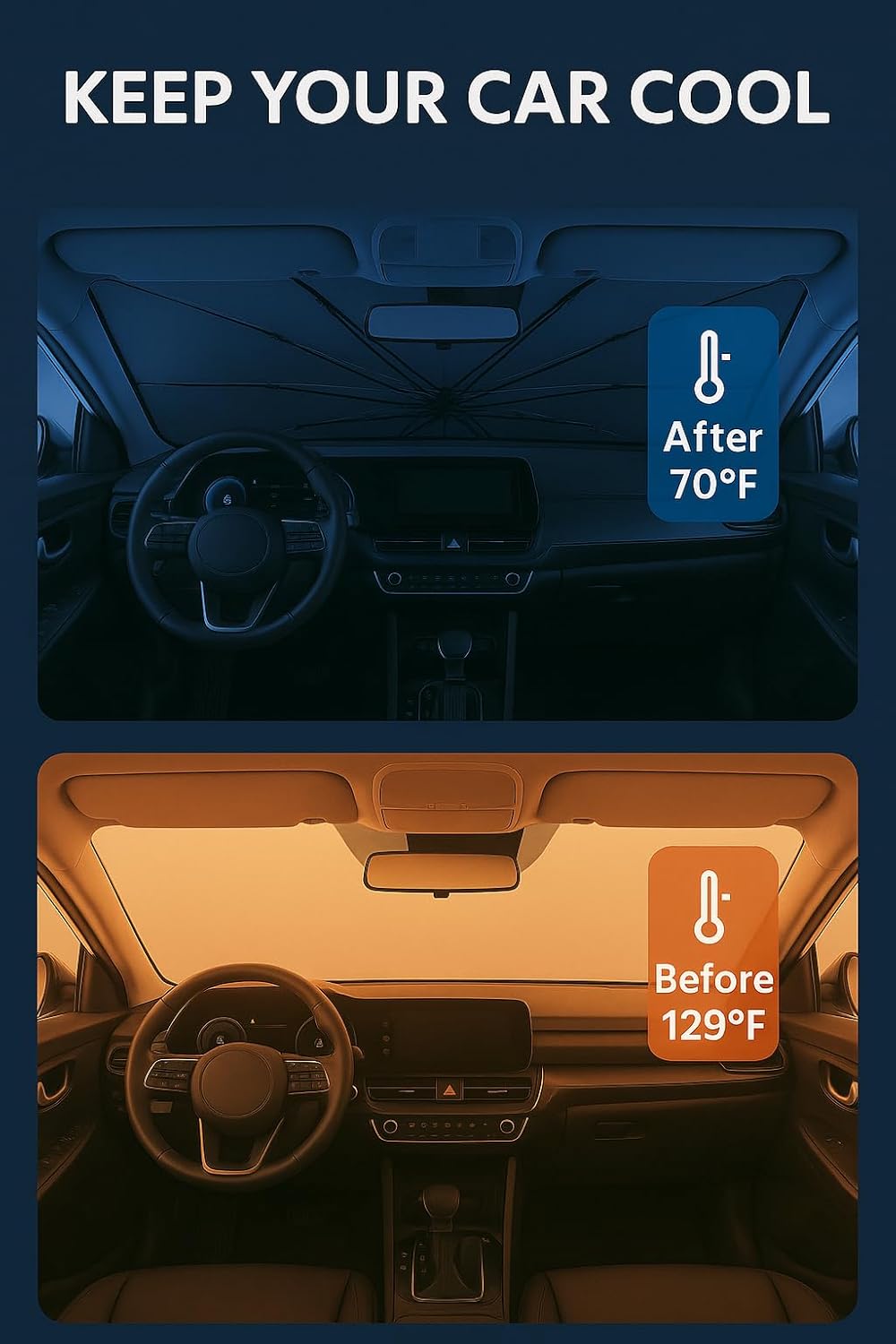 Proadsy Windshield Sun Shade Umbrella for Hyundai Santa Cruz 2022-2025 2026 Foldable Car Umbrella Sunshade with Soft TPU Handle Spring Structure Crystal Cooling Material Protect Car from Rays & Heat