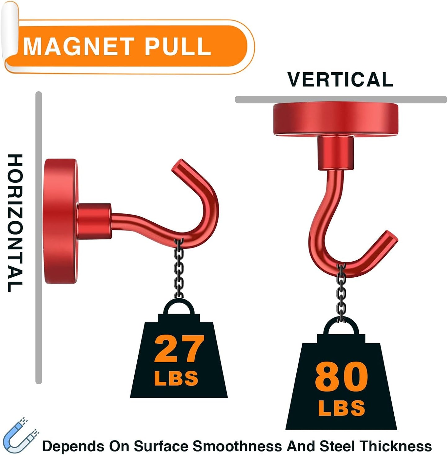 MIKEDE Magnetic Hooks Heavy Duty, 80LB Strong Magnet with Hook for Fridge, Super Neodymium Extra Strength Industrial Hooks for Hanging, Magnetic Hanger for Toolbox, Cruise, Grill(Red,4 Pack)