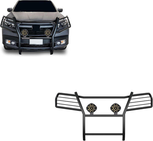 Black Horse Grille brush Bumper Guard Modular Come With pair of 7.0"Dia.LED Lights with Black Trim Rings Compatible with 2016-2019 Honda Ridgeline-17H01MA-PLB